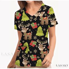 Lasaky - Christmas Print Shirt with Buttoned Collar and Short Sleeves Multicolor Printed Christmas Tops, Multicolor Printed Holiday Tops, Multicolor Printed Tops For Holiday, Holiday Short Sleeve Printed Top, Festive Green Short Sleeve Top, Casual Green Shirt For Holiday, Casual Green Holiday Shirt, Multicolor Cotton Christmas Top, Green Christmas Holiday Top