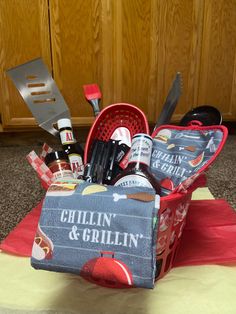 a basket filled with cooking utensils on top of a table