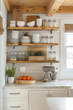 32 Functional Open Shelving Kitchen Ideas for Better Organization Open Shelving Next To Microwave, Kitchen Wood Open Shelves, Open Shelves Microwave, Half Kitchen Ideas, Kitchen Shelves In Front Of Window, Over Range Microwave Open Shelving, Practical Open Shelving Kitchen, Kitchen Open Storage Ideas, Open Shelf Base Cabinet Kitchen