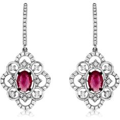 Royal 14K White Gold Ruby & Diamond Earrings - 1.25 Carat Ruby, 0.45 Carat Diamond Total Ruby Diamond Earrings, Gold Hanging Earrings, Luxury Earrings, Diamond Dangle Earrings, Mens Chain Necklace, Ruby Earrings, Ruby Stone, White Gold Jewelry, White Gold Earrings