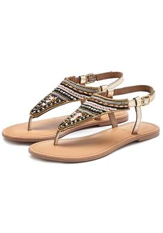 Trendy leather sandals that feature stone and pearl details. Adjustable buckle. Comfortable insole. Upper: synthetic & goat leather; lining and insole: leather; sole: synthetic. Imported. Leather care and cleaning only. Europe Clothing, Clothing Capsule, Pretty Sandals, Pearl Details, Boho Sandals, Beaded Sandals, Capsule Outfits, Gold Sandals, Women's Wear