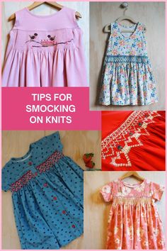 four different types of dresses with the words tips for smocking on knits