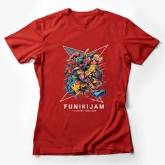 Funky Abstract Art T-Shirt, Colorful Funkijam Graphic Design, Cool Urban Streetwear, Unisex Tee Female T-Shirt Custom graphic T-Shirt.Customize your color Red Cotton T-shirt With Cartoon Print, Red Cartoon Print Graphic Tee, Red Crew Neck Shirt With Cartoon Print, Multicolor Character Print T-shirt For Fan Merchandise, Multicolor Cartoon Print Tops Fan Merchandise, Multicolor Cartoon Print Tops For Fan Merchandise, Red Crew Neck T-shirt With Character Print, Red Pop Culture T-shirt With Front Print, Multicolor Screen Print Tops For Fan Merchandise