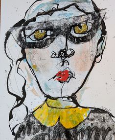 a drawing of a woman's face with yellow eyes and a hat on her head