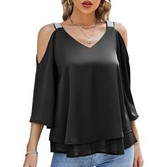 Jasambac Women's Silk Satin Cold Shoulder Tops Double Layered Hem 3/4 Sleeve Casual Dressy Blouse Exterior: 95% Polister + 5% Elastano, Forro: 98% Polister + 2% Viscosa Importado Cierre De Tirar. Lavar A Mano Nicamente Material: Exterior: 95% Polister + 5% Acetato, Forro: 98% Polister + 2% Viscosa. La Tela De Acetato De Alta Calidad Se Siente Suave, Brillante, Con Una Cada Fuerte, Antiarrugas, Transpirable, Sin Electricidad Esttica Ni Bolitas. Esta Elegante Blusa De Mujer Tiene Un Aspecto De Sed Black Half Sleeve Blouse For Summer, Black Half Sleeve Summer Blouse, Spring 3/4 Sleeve Top For Night Out, Spring Tops For Night Out With 3/4 Sleeves, Chic Black 3/4 Sleeve Tops, Black Summer Blouse With 3/4 Sleeves, Black 3/4 Sleeve Summer Blouse, Black 3/4 Sleeve Party Top, Gray Cheetah Print