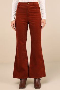 It is assured that every fall look you create with the Lulus Guaranteed Trend Rust Corduroy High-Rise Wide-Leg Pants will be compliment-worthy! These retro-inspired pants have a sturdy corduroy composition that shapes a high-rise waist with belt loops, a four-pocket cut, and a top button closure above a hidden zip fly. The chic, wide pant legs fall to flaring, full-length hems. Fit: This garment fits true to size. Length: Floor length. Size medium Inseam: 31.00 Front Rise: 12.25 Waist: Fitted - Flare Leg Pants, High Rise Pants, Wide Pants, Glam Rock, Fall Looks, The Chic, Retro Inspired, Leg Pants, Wide Leg Pants