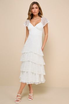 Graceful Darling White Lace Flutter Sleeve Tiered Midi Dress White Tea Length Dress, White Lace Midi Dress, Cute White Dress, Casual Formal Dresses, Rehearsal Dinner Dresses, Bridal Shower Dress, Casual Wedding Dress, White Short Dress, Shower Dresses