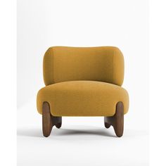 an upholstered chair with wooden legs and a yellow fabric seat cover on the back