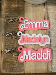 Customizable 3D printed keychains, zipper pulls, bag tag, luggage tag, or lunchbox tag. The keychains pictures are printed in the following colors: Pink base with White letters White base with Pink letters Dimensions: The average name is around 3" x 1.25".  The length can vary depending on the number of letters. Due to the style of the font all names will start with a capital letter and the remaining letters will be lowercase. Pink Letters, Name Keychain, Pink Letter, All Names, Keychain Bag, Bag Tag, White Letters, Zipper Pulls, Luggage Tag