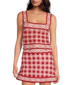 Chelsea & Violet Blossom Crochet Coordinating Square Neck Sleeveless Top | Dillard's Chic Fitted Crochet Tank Top, Red Knit Top For Summer, Red Sleeveless Crochet Top, Pink Fitted Sleeveless Knit Top, Fitted Sleeveless Blouse Knit Top For Summer, Fitted Sleeveless Crochet Top, Blossom Crochet, Semi Formal Dresses, Crochet Set