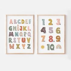 two children's wall art prints with numbers and letters in different colors on them