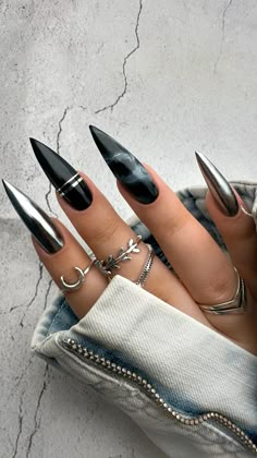 Nail Art Designs Long Coffin, Gray Gel X Nails, Gothic Romance Nails, Wolf Nails Designs, Black Chrome Nail Designs, Dark Prom Nails, Black Chrome Nails Coffin, Gunmetal Chrome Nails, Black And Metallic Nails