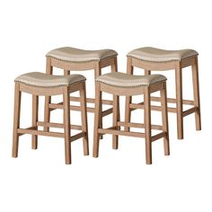 three wooden stools with upholstered seat cushions