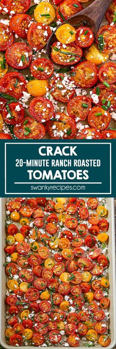 Crack Tomatoes {The Best Oven Roasted Tomatoes} - Perfect oven-roasted cherry tomatoes in just 20 minutes! My crack tomato recipe uses ranch seasoning, basil, feta cheese, and chives. A quick, easy, summer side dish recipe to use up all those fresh garden tomatoes. Tomatoes Breakfast Recipes, Party Side Dishes Cold, Seasoned Tomato Slices, Roasted Tomatoes With Feta, Roasted Cherry Tomatoes With Feta, Medley Tomatoes Recipes, Roasted Tomato Side Dish, Grilled Cherry Tomatoes, Recipes With Fresh Cherry Tomatoes