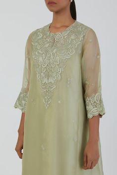 Mint green chanderi kurta with thread embroidery. Comes with silk pant. - Aza Fashions Pista Green Intricate Embroidery Chanderi Palazzo Set, Pista Green Intricately Embroidered Chanderi Palazzo Set, Pista Green Embroidered Tissue Silk Sets, Pista Green Tissue Silk Set With Intricate Embroidery, Pista Green Intricately Embroidered Tissue Silk Sets, Pista Green Straight Kurta With Intricate Embroidery, Green Chanderi Palazzo Set With Floral Embroidery, Pista Green Cotton Silk Palazzo Set With Chikankari Embroidery, Pista Green Chikankari Embroidery Palazzo Set