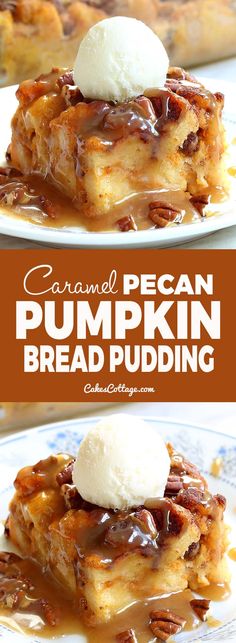 caramel pecan pumpkin bread pudding on a plate