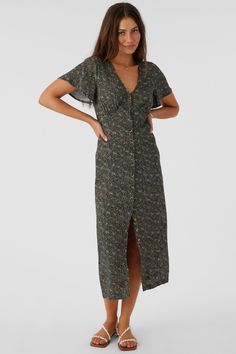 Essential woven midi dress that has a front button design, v-neckline and flutter sleeve detail. O'Neill Women's woven midi dress 41" Center front length Front button closure Flutter sleeve detail V-neckline Back waist smocking Allover print 100% Viscose Crepe | O'Neill Women's Rayney Ava Ditsy Button Front Midi Dress, Size Medium, Viscose Spring Suit, Loungewear Dresses, Denim Sweater, Woman Weaving, Top Graphic Tees, Festival Dress, Button Design, Swim Dress, Womens Clothing Sizes