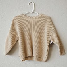 Knit Pullover Sweater- Cream– Alabaster Baby Cozy Cotton Cropped Sweater For Fall, Beige Cotton Cropped Sweater For Spring, Cozy Cotton Sweater With Ribbed Cuffs, Fall Cotton Textured Knit Cropped Sweater, Textured Knit Cropped Cotton Sweater For Fall, Fall Textured Knit Cropped Cotton Sweater, Beige Cotton Sweater For Fall, Cozy Cotton Everyday Tops, Spring Cotton Cropped Sweater