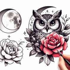 an owl sitting on top of a flower next to a moon and rose tattoo design