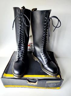 I have a selection of more than 500 pair of RARE, VINTAGE Dr Martens boots. Please visit my SHOP to check out my other DOCs. I will be listing new ones every day.  RARE Dr Martens 20 eye 1420 knee high tall vintage england boots UK10 EU45 US11 Brand New, package is damaged. Let me know in case you have any questions Vintage Knee-high Lace-up Winter Boots, Vintage Knee-high Lace-up Boots For Winter, Vintage Knee-high Boots, Vintage Dr Martens, Vintage England, Dr Martens Boots, Mens Shoes Boots, Dr. Martens, Boots Men