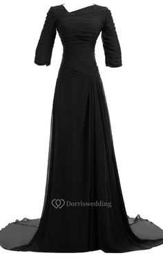 a black evening gown with sleeves on the shoulders