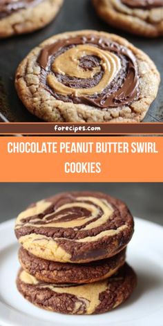 chocolate peanut butter swirl cookies stacked on top of each other