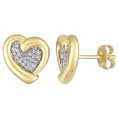 These gorgeous 18k gold over sterling silver diamond heart stud earrings are the perfect way to spread joy and love with everyone you see. These gorgeous 18k gold over sterling silver diamond heart stud earrings are the perfect way to spread joy and love with everyone you see. Length: 3 mm Backings: post Metal: sterling silver Plating: 18k gold flash plated Finish: polished Packaging: boxedDIAMOND DETAILS Total weight: 1/6 ct. Shape: round Setting: prong Size: One Size. Color: White. Gender: fem Black Diamond Earrings Studs, Heart Stud Earrings, Stone Studs, Heart Studs, Heart Earrings Studs, Fine Jewellery Earrings, Sterling Silver Heart, Diamond Heart, Heart Pendant Necklace