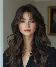 Melena con Reflejos y Capas Largas 🌊 Dark Expensive Brunette, Haircut 2024 Long Hair, Brunette Hair Women, Highlights Auburn Hair, Long Hair For Round Face Shape, Dark Brown Hair With Layers, Bollywood Hair, Pretty Girlfriend, Face Framing Highlights