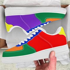 Our classic sneakers with a mix of the Pride rainbow across both shoes and are totally unique. Inspired by vans but with a twist of Styles Vista added. A great gift for him or her. Each sneaker has all the colours of the pride rainbow and is made from vegan friendly material. * Wear-resistant rubber soles for white low top unisex shoes * PU upper material with EVA padded insoles * Completed with eyelets and lace up closure for a classic look * Perfect for every season, suitable for both men and Multicolor Gum Sole Skate Shoes For Streetwear, Multicolor Sneakers With Rubber Sole For Skateboarding, Multicolor Sneakers For Skateboarding, Multicolor Skateboarding Sneakers With Rubber Sole, Retro Multicolor Custom Sneakers For Streetwear, Multicolor Skate Shoes With Rubber Sole For Streetwear, Multicolor Rubber-sole Skate Shoes For Streetwear, Retro Multicolor Sneakers With Rubber Sole, Multicolor Sporty Sneakers For Skateboarding