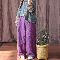 Details: Gender: Women Item Type: Pants Face Material: Linen Season: Spring, Autumn Pattern: Solid Style: Casual, Loose, Retro Waist Type: Elastic Waist Color: Purple, Blue Size: One Size Waist: 98.00 cm/ 38.58 " (max) Length: 94.00 cm/ 37.01 " Hip: 116.00 cm/ 45.67 " Casual Slacks, Autumn Pattern, Plus Size Vintage, Dyed Linen, Linen Style, Maxi Dress Formal, Spring Women, Pantalon Large, Formal Evening Dresses