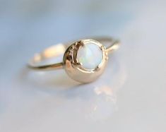 Modern 14k Gold Opal Ring, 14k Gold Moonstone Ring For Wedding, 14k Gold Cabochon Moonstone Ring For Wedding, 14k Gold Moonstone Ring With Polished Finish For Wedding, 14k Gold Polished Moonstone Wedding Ring, Minimalist Round Cabochon Opal Ring, Modern Round Opal Ring, White Opal Ring With Round Stone, Minimalist Polished Moonstone Ring For Wedding