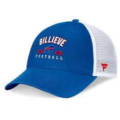 Boost your Buffalo Bills spirit with this Timeout Trucker Adjustable Hat from Fanatics. This hat features an embroidered team logo with a catchphrase wordmark across the crown, adding a touch of Bills spirit to your game-day look. The four mesh mid and rear panels provide optimal breathability, ensuring you stay cool and comfortable whether you're cheering from the stands or watching the game at home. Team-colored Flat Brim Trucker Hat For Sports Events, Game Day Trucker Hat With Embroidered Logo, Team-colored Trucker Hat With Visor For Game Day, Team-colored Snapback Hat For Fan Merchandise, Collegiate Team-colored Trucker Hat With Flat Brim, Team Spirit Hats With Team Logo, Team Spirit Flat Bill Hats For Fan Gear, Team Spirit Cap With Team Logo, Curved Bill Trucker Hat With Embroidered Logo For Fans