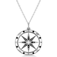 Compass Pendant Black & White Diamond Accented 14k White Gold 0.19ct - AD2728 Black Compass Design Jewelry, Black Compass Design Jewelry Gift, White Gold Medallion Necklace With Compass Design, White Gold Compass Design Round Pendant Necklace, White Gold Compass Medallion Necklace, Round Diamond Jewelry With Compass Design, White Gold Jewelry With Compass Design, White Gold Compass Medallion Jewelry, White Gold Compass Design Necklace