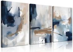 three abstract paintings with blue, beige and white colors on the canvass in front of a white background