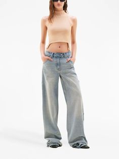 Courrèges light-wash wide-leg Jeans - Farfetch Wide Leg Washed Blue Flare Jeans With Belt Loops, Light Wash Wide-leg Pants With Five Pockets, Wide-leg Light Wash Pants With Five Pockets, Mid-rise Flare Jeans With Belt Loops In Light Wash, Wide Leg Light Wash Cargo Jeans, Cutout Tank Top, Sleeveless Knit Top, Designer Denim, Ribbed Tank Tops