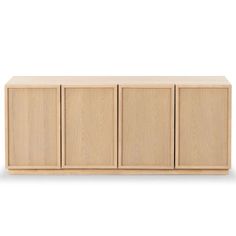 the sideboard with four doors and three drawers is shown in light brown oak wood