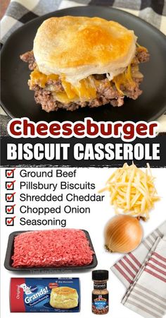 cheeseburger biscuit casserole recipe on a black plate with ingredients to make it