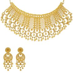 Revel in ethereal radiance of this 22k gold necklace and earring set by with Virani Jewelers. The beaded details, bathed in the luminosity of 22k gold, create a gold jewelry set that captures the essence of refined beauty. Adorn yourself with this Virani Jewelers' creation, where each bead becomes a radiant note in the symphony of Indian gold jewelry. Let the ethereal radiance of this set elevate your style with timeless allure. Features • 22k yellow gold • Filigree details • Beaded accents Neck 22k Gold Beads Jewelry For Festivals, 22k Gold Beaded Jewelry For Festivals, 22k Gold Beads Ceremonial Jewelry, Ceremonial Yellow Gold Jewelry With Gold Beads, Festival Yellow Gold Jewelry With Gold Beads, Ceremonial Yellow Gold Beaded Jewelry, 22k Gold Filigree Jewelry Sets, Gold Jewelry With Intricate Round Beads, Festive Gold Jewelry Sets With Round Beads