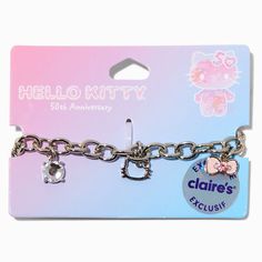 Hello Kitty® 50th Anniversary Claire's Exclusive Silver-tone Charm Bracelet Rock Hello Kitty, Stitch Room, Hello Kitty Charms, Sanrio Products, Birthday Charm Bracelet, Hello Kitty Shop, Doll Template, Sensitive Ears Earrings, Sanrio Stuff