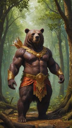 a large bear standing in the middle of a forest with trees and leaves on it's chest