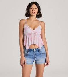 Your attraction will be undeniable in this scenic print mesh crop top perfect for adding a romantic look! It features a flirty V-neckline adorned with delicate lace trim and ribbon, spaghetti straps, a babydoll silhouette that flatters, and a flowy cropped hem. Complete the look in a denim skirt and sandals for any casual plans!Fit & FeaturesScenic print, sheer mesh fabric, moderate stretchSpaghetti strapsV-neckline, lace trim and ribbonBabydoll silhouetteRuns true to size Summer Low-cut Tank Top With Built-in Bra, Spring Mesh Tops With Built-in Bra, Summer Low-cut Crop Top With Built-in Bra, Sheer Crop Top For Summer, Sheer Cropped Crop Top For Summer, Trendy V-neck Mesh Top For Summer, Summer V-neck Crop Top With Lace Trim, Summer Mesh Top With Built-in Bra, Summer Cropped Mesh Top