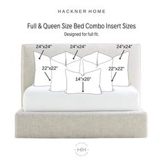 the full queen size bed combo inserts are shown with measurements for each pillow and headboard