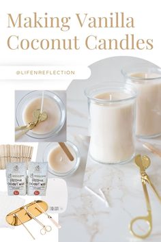 an advertisement for making vanilla coconut candles with gold scissors and spoons next to it