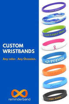 several different colored wristbands with the words custom wristbands written on them