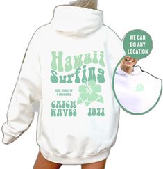 White Oversized Hoodie With Screen Print, White Casual Crew Neck Hoodie, Casual Crew Neck Hoodie With Screen Print, Casual Surfing Hoodie Sweatshirt, Casual Crew Hoodie With Screen Print, Casual Letter Print Hoodie For Beachwear, Casual Surfing Hoodie With Graphic Print, Trendy Crewneck Hoodie With Screen Print, Hooded Letter Print Sweatshirt For Surfing