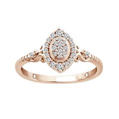 The Marquise Venice Color of Love diamond ring in 10 karat rose gold is inspired from the gondolas that glide across the Romantic canals of Venice. With beautiful scroll work on both sides of the ring that signify the beauty that is within us and around us. The bold high polish gold that surrounds the center diamonds reflects the strength of being loved and in love. This romantic ring has 1/5 ctw of genuine natural diamonds. Hidden in the box is a special card with a message of Love. Size: 6.  C 14k Rose Gold Diamond Ring With Halo Setting, 14k Rose Gold Halo Setting Diamond Ring, 14k Gold Rose Gold Halo Diamond Ring, Rose Gold Halo Diamond Ring In 14k Gold, Rose Gold Diamond Ring With Halo, Rose Gold Diamond Cluster Ring With Halo, Classic Rose Gold Cluster Ring With Diamond Cut, Rose Gold Cluster Ring For Promise, 14k Rose Gold Halo Promise Ring