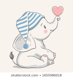 an elephant with a hat on its head is sitting and holding a heart in it's trunk