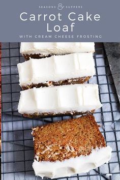 carrot cake loaf with cream cheese frosting on a cooling rack next to sliced carrots