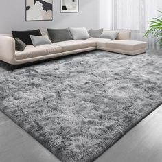 a living room with a large gray rug on the floor