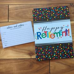 a notepad with the words happy retirement written on it next to an envelope that says, advice and wishes